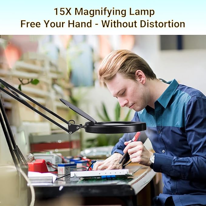 15X Magnifying Glass Desk Lamp with Clamp, Real Glass Lens with Dust Cover, 84 LEDs, 5 Color Modes, 10 Brightness Dimmable, Long Flexible Swing Arm Magnifier for Reading, Crafting, Repair, Close Works