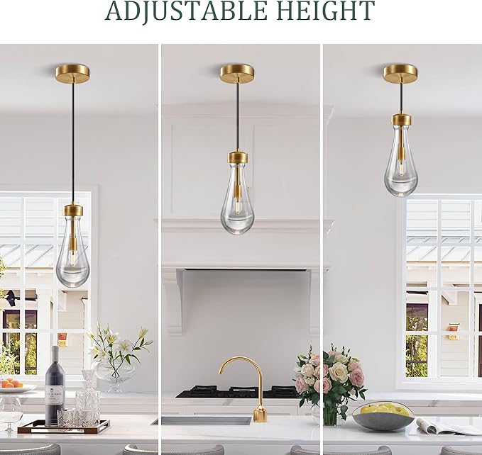 Espird Raindrop Pendant Lights - Brass Pendant Lights Kitchen Island, Teardrop Island Lights for Kitchen Set of 3 Modern Chandelier Pendant Light for Bedroom Bathroom Living Room