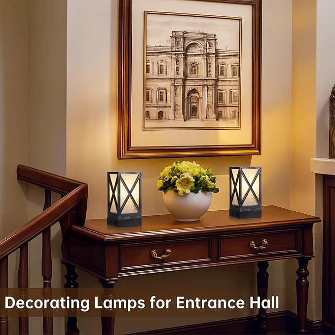 Table Lamp, Set of 2 Rustic Farmhouse Nightstand Lamps, 3 Color Temperatures Desk Lamp with USB Charging Ports AC Outlet Vintage Lamp for Living Room Bed Room, Pewter