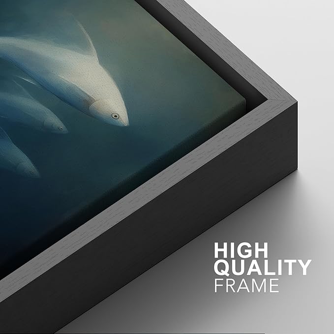 SIGNFORD Framed Canvas Print Wall Art Set Deep Sea Fish Serene Underwater Life in Dark Tones Illustration Modern Art Decorative Nordic Nature for Living Room, Bedroom, Office - 16"x24"x2 Black