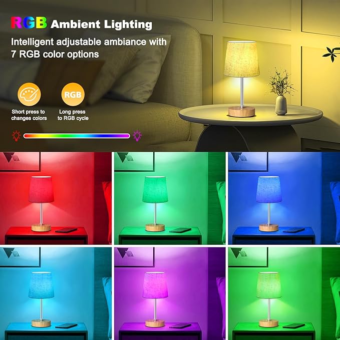 Small Cordless Table Lamp,5000mAh Rechargeable Battery Operated Desk Lamp,3 Colors & 7 RGB Stepless Dimmable, Portable Touch Bedside Night Light for Patio Restaurant Home,Wood Base,Flaxen Shade