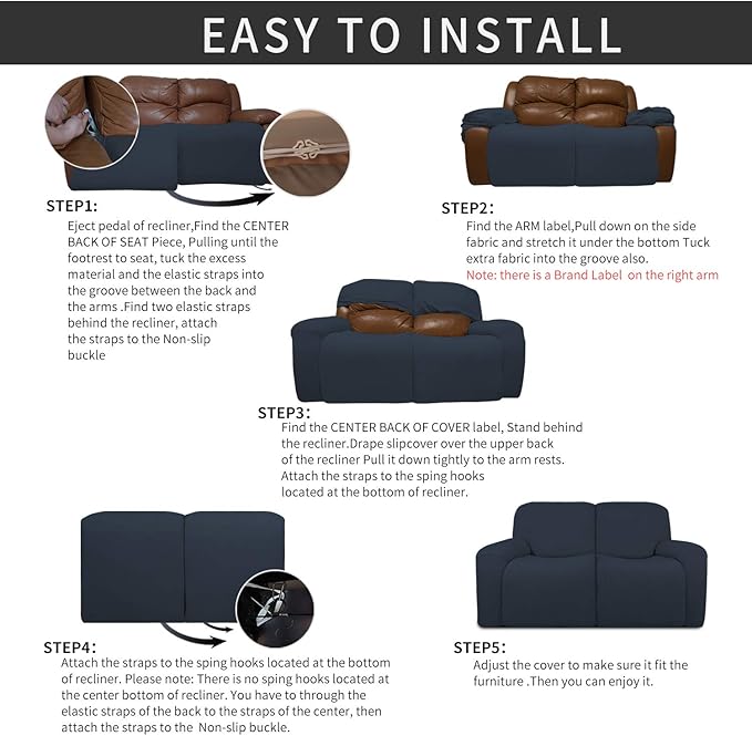 Easy-Going 6 Pieces Recliner Loveseat Stretch Sofa Slipcover Sofa Cover Furniture Protector Couch Soft with Elastic Bottom Kids, Spandex Jacquard Fabric Small Checks Dark Blue