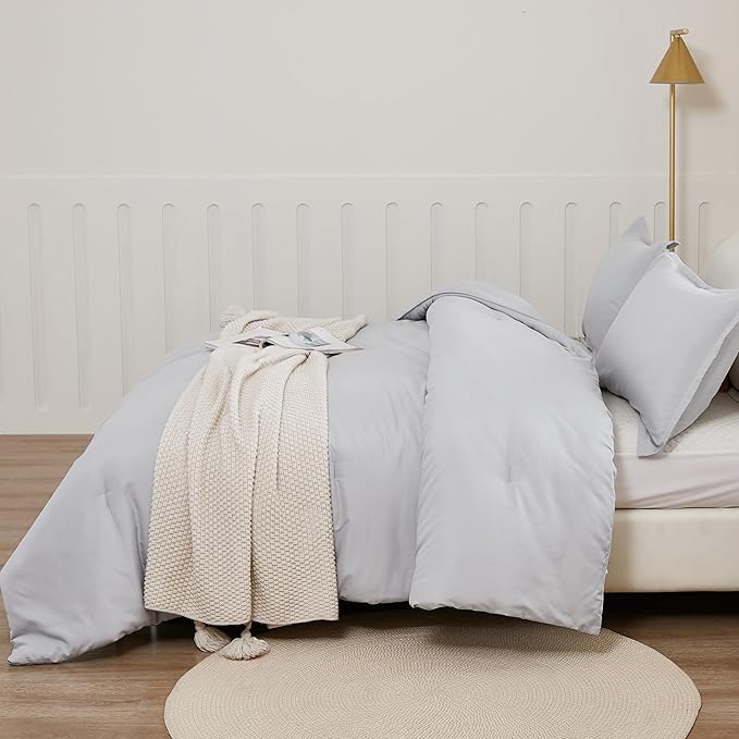 Litanika Light Grey Twin/Twin XL Comforter Set, 2 Pieces Lightweight Solid Bedding Comforter Set, All Season Fluffy Bed Set (66x90In Comforter & 1 Pillowcase)