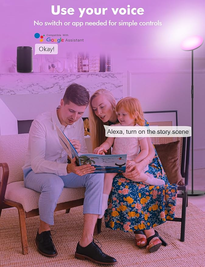 YHW Smart RGB LED Floor Lamp Works with Alexa Google Home, WiFi Remote Modern Tall Standing Light, Super Bright 2000LM Color Changing & Dimmable Sky Torchiere for Living Room, Bedroom (Black)