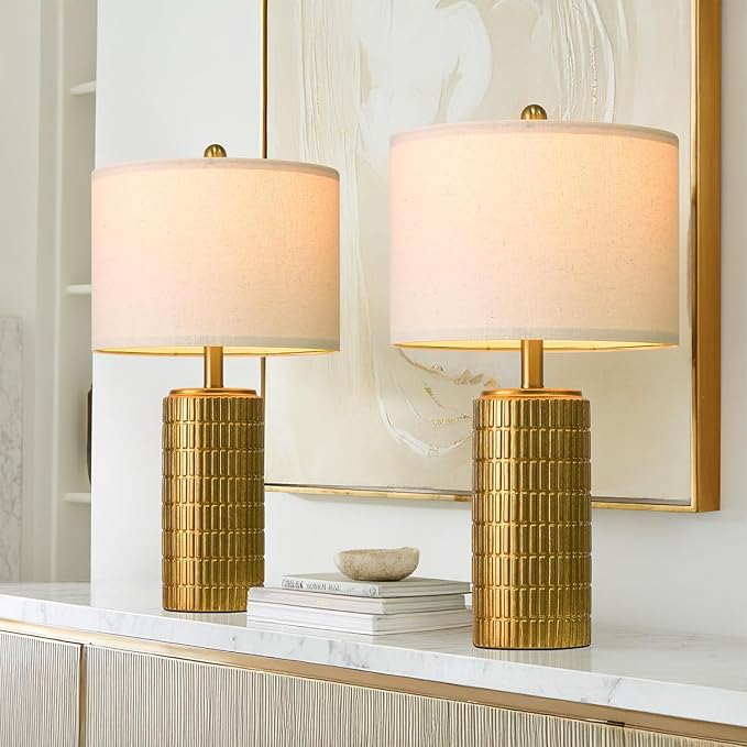 PoKat 23" Brass Gold Ceramic Table Lamps for Living Room, Retro Warm Gold Lamps for Night Stands, Vintage Bronze Decorative Lamps for Bedroom, Antique Gold Brown Nightstand Lamps for Home Decor