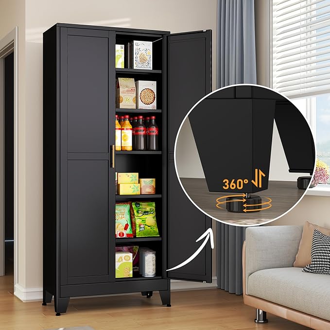 Black Metal Storage Cabinet,75" Steel Cabinets for Home Office, Kitchen Pantry Storage Cabinet with Doors and 5 Adjustable Shelves, Tool Cabinets, for Office, Home, Garage, School