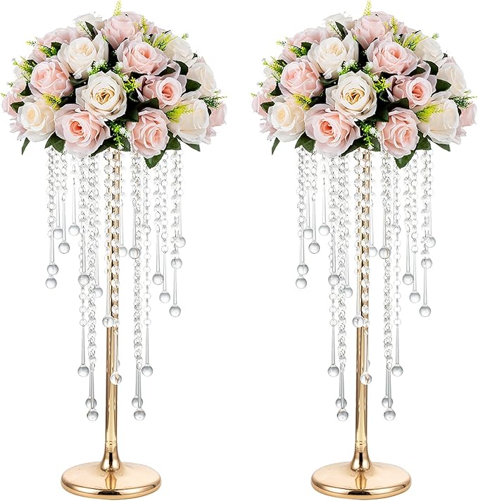 NUPTIO Wedding Centerpieces Gold Vases: 2 Pcs 21.7in Tall Crystal Flower Vase Metal Flowers Stand for Party Tables Decorations - Elegant Bulk Weddings Decoration Table Chandelier Centerpiece Stands