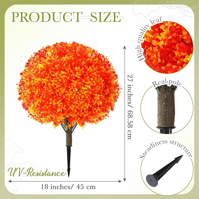 Yunlly Set of 2 Artificial Boxwood Topiary Ball Tree 27 Outdoor Boxwood Balls with Flower Faux Bush UV Resistance Fake Shrub Plant with Spike for Garden Porch Patio Decor (Fall Dark Orange,27x18inch)