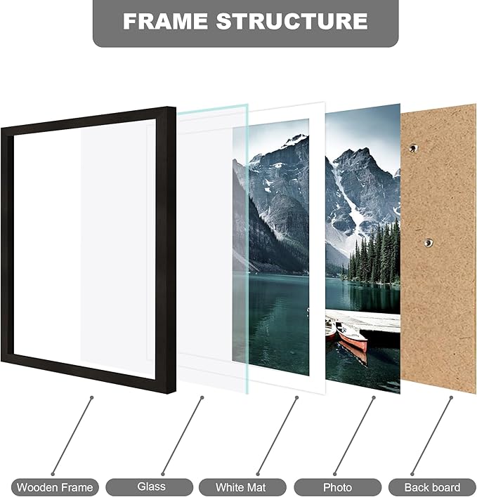 11x15 Picture Frame with Real Glass - Display Pictures 10x14 with Mat or 11 x 15 without Mat, Wall Collage Photo Frame set(Black, 1 Pack)