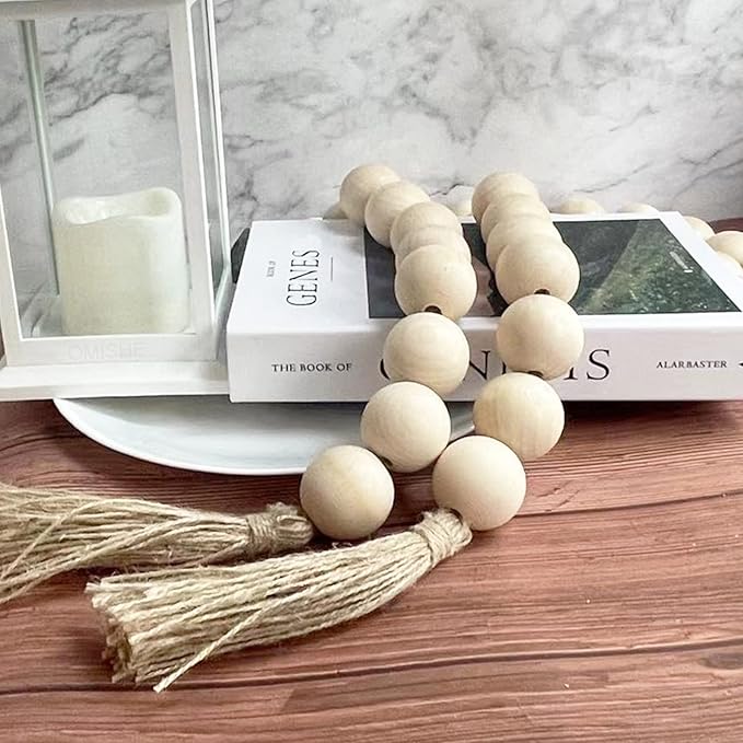 OMISHE 76" Long Extra Large Wood Bead Garland with 1.6" Diameter Wooden Beads and Tassels, Rustic Farmhouse Country Decorative Beads for Home Tiered Tray Decor, Natural Beige