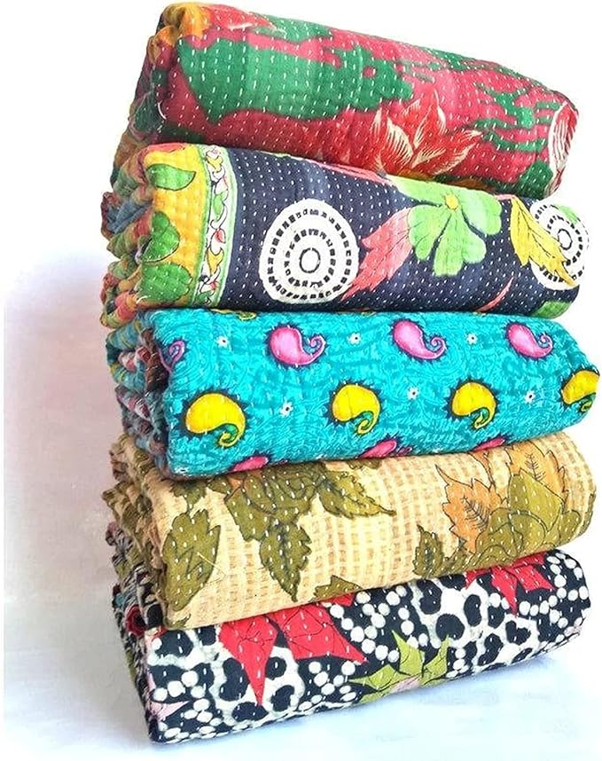 Wholesale Lot of Indian Vintage Kantha Quilt Handmade Throw Reversible Multicolor Cotton Fabric Bohemian Kantha Blanket 85X55 Inch 2 Pcs Lot