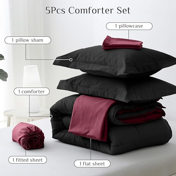 JOLLYVOGUE Twin Comforter Set, Ultra-Soft Bed in a Bag Twin Size 5 Pieces, Oeko-TEX Certified Bedding Set with Down Alternative Comforter, Sheets, Pillowcases & Shams, Burgundy & Black