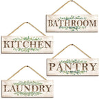 Bathroom Kitchen Laundry Pantry Sign Wall Decor 4 Piece, Wall Art with Plant Print, Rustic Farmhouse Wall Hanging Plaque Home Kitchen Decorative Bathroom, 4.7 x 13.7 inches