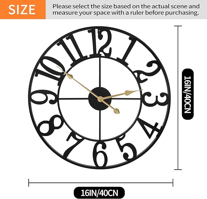 LEIKE Large Wall Clocks,Silent,Non Ticking,Battery Operated Rustic Round Modern Big Metal Wall Clock for Living Room, Bedroom,Kitchen,Farmhouse,Office,Home Decor-16 Inch(Black-Arabic Number)