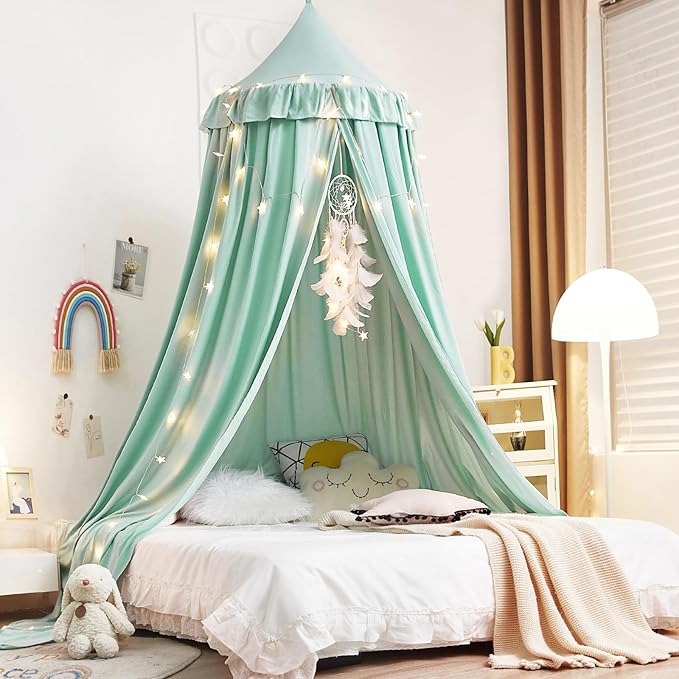 Kertnic Decor Canopy for Kids Bed, Soft Smooth Playing Tent Canopy Girls Room Decoration Princess Castle, Dreamy Mosquito Net Bedding, Children Reading Nook Canopies in Home (Green)