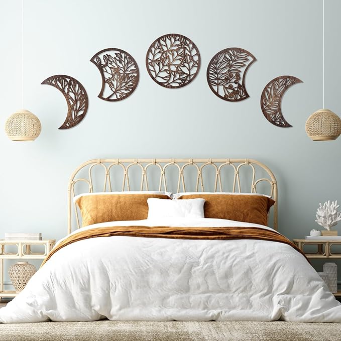 Jetec 5 Pcs Moon Phase Wall Art Decor Wall Pediments Hanging Wooden Moon Phase Spiritual Bedroom Nordic Boho Lunar Aesthetic Art for Living Room Dorm Apartment Bar Ornament(Dark Brown,15.75 Inch)