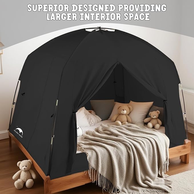 Bed Tents for Kids and Adult, Portable 100% Breathable and 93% Blackout Toddler Dream Play Tent, 3 Doors Big Privacy Space Sleeping Canopy for Floor or Twin Full Queen Sizes Bed (Black, Twin-Size)