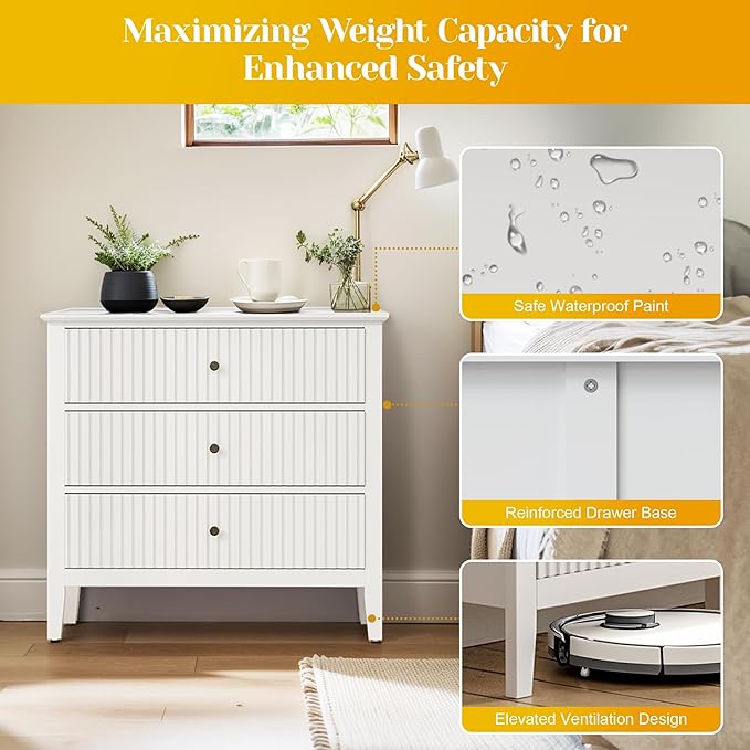 Large White Fluted 3 Drawer Dresser Set of 2, Chest of Drawers with Ball Bearing Slide Modern 30 inch Tall Wood Nightstand with Spacious Storage for Bedroom Hallway Living Room Entryway
