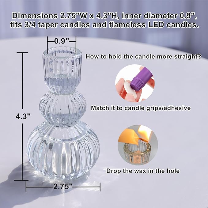 Woho Clear Ribbed Candlestick Holders 4.3" H Set of 6 for Wedding Table Centerpiece, Glass Taper Candle Holders for Holiday Home Decor, Vintage Candle Sticks Holder Decor for Thanksgiving Christmas