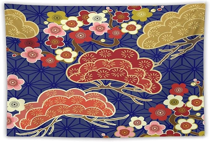 HZOHNAGO Japanese Tapestry Art Abstract Colorful Cherry Blossom Blue Background Pattern Printed Wall Tapestry Painting Wall Hanging for Bedroom Living Room Dorm 60" W x 40" H