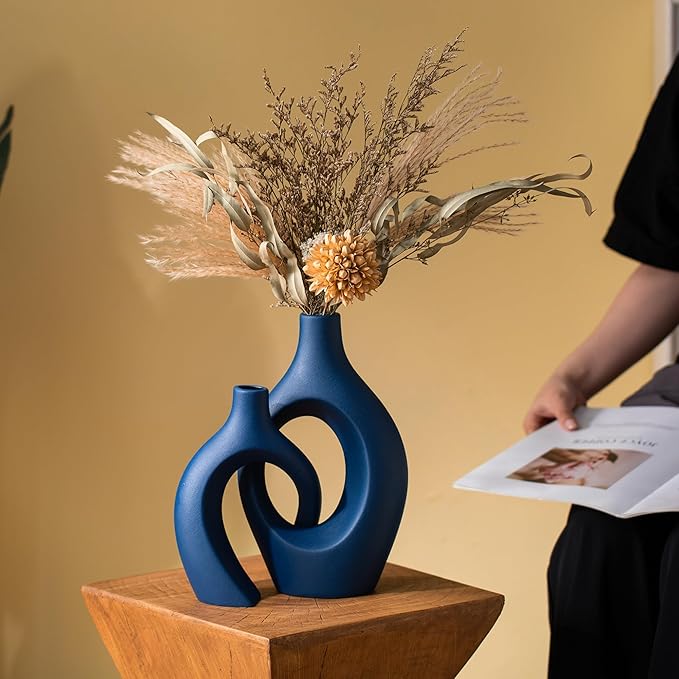 Levvohd Snuggle Hollow Ceramic Vase Set of 2, 11 inch Modern Nordic Coastal Shaped Pampas Grass Aesthetic Decorative Table Vases for Living Room Shelf Home Decor (Matte Navy Blue -L)
