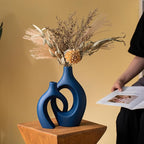 Levvohd Snuggle Hollow Ceramic Vase Set of 2, 11 inch Modern Nordic Coastal Shaped Pampas Grass Aesthetic Decorative Table Vases for Living Room Shelf Home Decor (Matte Navy Blue -L)