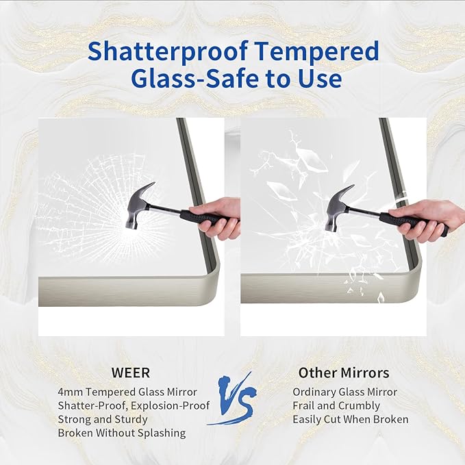 WEER 48X32 Inch Brushed Nickel Bathroom Mirror, Brushed Silver Metal Frame Mirror, Rounded Rectangle Silver Bathroom Vanity Mirror, Tempered Glass, Anti-Rust, Hangs Horizontally or Vertically