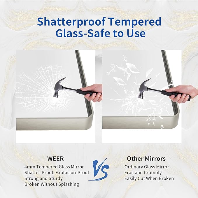 WEER 40X30 Inch Brushed Nickel Bathroom Mirror, Brushed Silver Metal Frame Mirror, Rounded Rectangle Silver Bathroom Vanity Mirror, Tempered Glass, Anti-Rust, Hangs Horizontally or Vertically