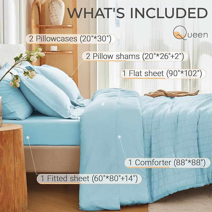 MUXHOMO 7 Pieces Queen Comforter Set, Seersucker Bed in a Bag Queen Size, All Season Luxury Bedding Set with Comforter, Flat Sheet, Fitted Sheet, Pillowcases & Shams, Lake Blue