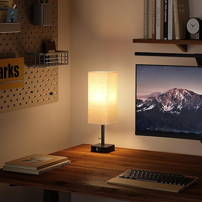 Beige Bedside Table Lamps Set of 2 - Square Bedroom Lamps with 3 Color Temperatures (3000K/5000K/4000K), Nightstand Lamps with USB C + A Charging Ports, Pull Chain Small Night Light for End Table