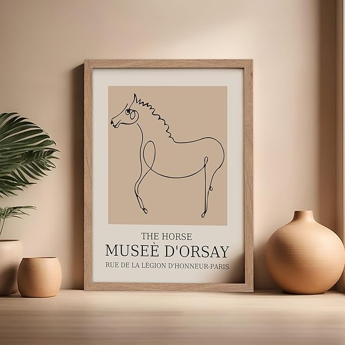 Poster Master Vintage Poster - Retro Minimalist Print - Gift for Artist, Friend - Horse, Line Drawing, Sketch, Abstract - Wall Decor for Living Room, Bedroom, 16x20 Beige Framed