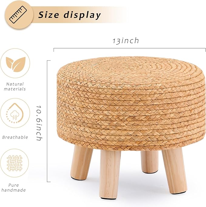 Handwoven Round Ottoman, Natural Water Hyacinth Outdoor Patio Pouf Seagrass Low Stool with Wood Legs, Soft Padded Footrest for Living Room Bedroom Garden, Natural