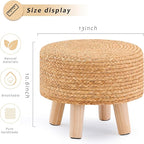 Handwoven Round Ottoman, Natural Water Hyacinth Outdoor Patio Pouf Seagrass Low Stool with Wood Legs, Soft Padded Footrest for Living Room Bedroom Garden, Natural