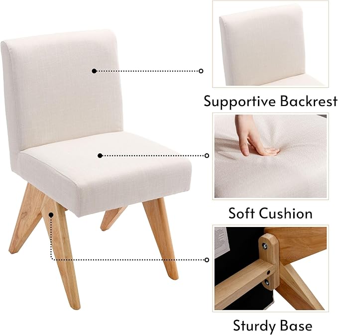 Mid Century Modern Farmhouse Dining Chairs Set of 2, Upholstered Armless Kitchen Chairs with Back and Wooden Legs, Linen Beige