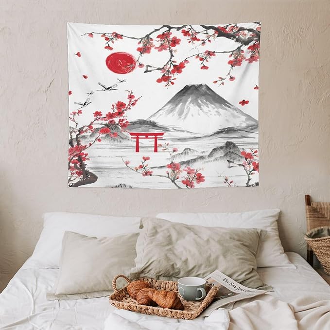 Red Cherry Blossoms Tapestry, Japanese Fuji Mountain Tapestry, Asian Japanese Wall Tapestry, Nature Landscape Tapestries for Bedroom Living Room Decor 60"x50"