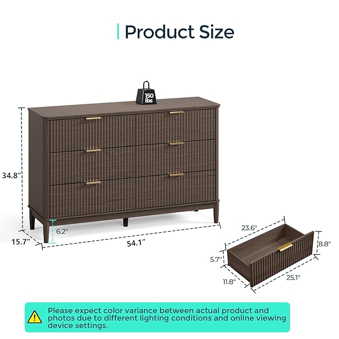 LINSY HOME Fluted Dresser for Bedroom with 6 Drawers, 54" Wide Mid Century Modern Dressers, Tall Boho Chest of Drawer, Large Wood Accent Storage Cabinet for Living Room, Curved Profile Design, Walnut