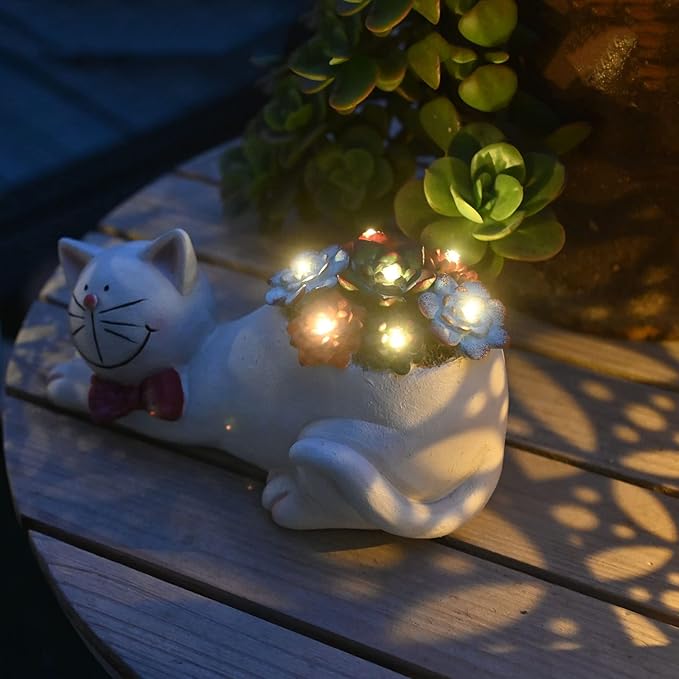 Cat Garden Figurines Outdoor Decor Solar Statue with Succulent and LED Lights for Patio Lawn Yard Art Decoration Housewarming Garden Gift