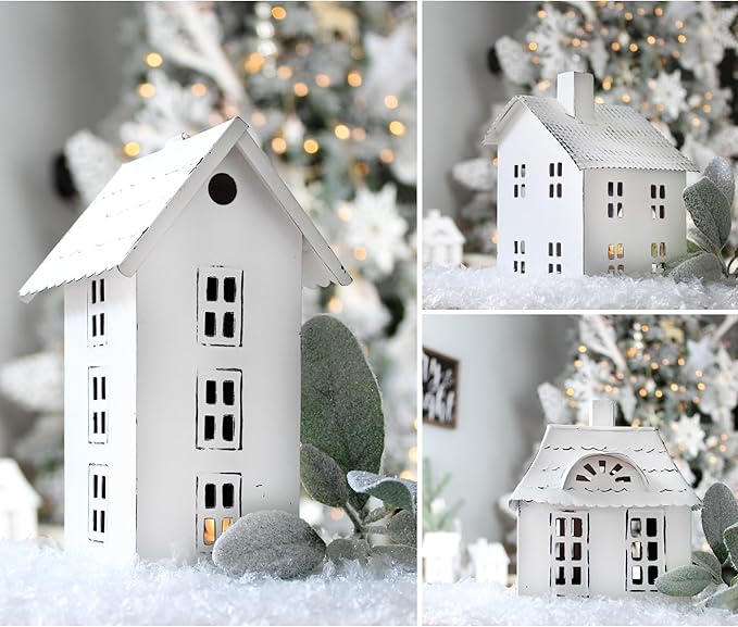 AuldHome Design Farmhouse Decor Tin Houses (Set of 3, White); Candle Lantern Decorative Holiday Christmas Village Display or Votive Holder