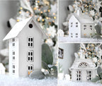 AuldHome Design Farmhouse Decor Tin Houses (Set of 3, White); Candle Lantern Decorative Holiday Christmas Village Display or Votive Holder