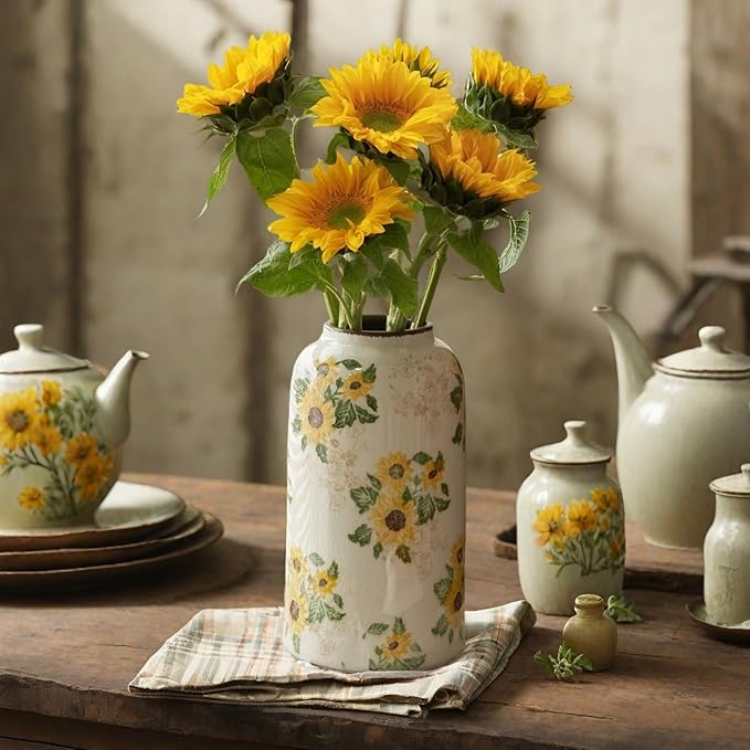 Levvohd Vintage Ceramic Vase, 10.6 Inch Chinoiserie Sunflower Yellow Floral Vases, Retro Ice Cracked Rustic Antique Flower Vases for Modern Room Bathroom Shelf Home Decor (Large Cylinder)