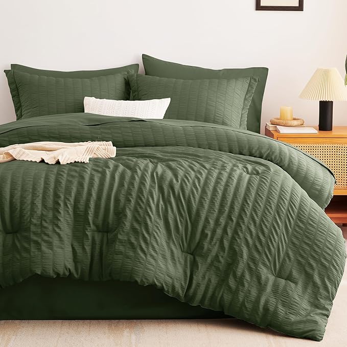 CozyLux Full Size Comforter Sets with Sheets Seersucker 7 Pieces Olive Green Bed in a Bag Textured Luxury Soft Bedding Set with Down Alternative Comforter, Sheets, Pillowcases & Shams for All Seasons