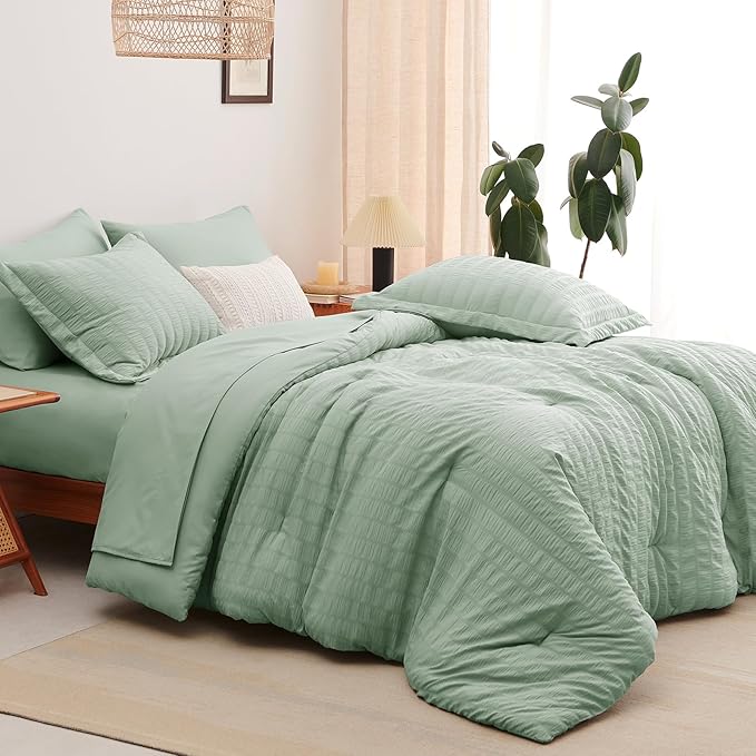 CozyLux Queen Comforter Set Sage Green Seersucker 7 Pieces Bed in a Bag Queen Comforter Set with Sheets Luxury Soft Bedding Set with Down Alternative Comforter, Sheets, Pillowcases & Shams All Season