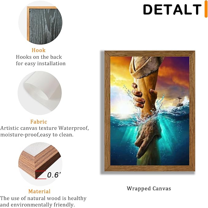 Solid Wood Framed Jesus Christ Canvas Wall Art The Hand of God Jesus Reaching Into Water Christian Painting Prints Biblical Wall Decor Religious Room Decor for Church Prayer Room Schools 12'' x 16''