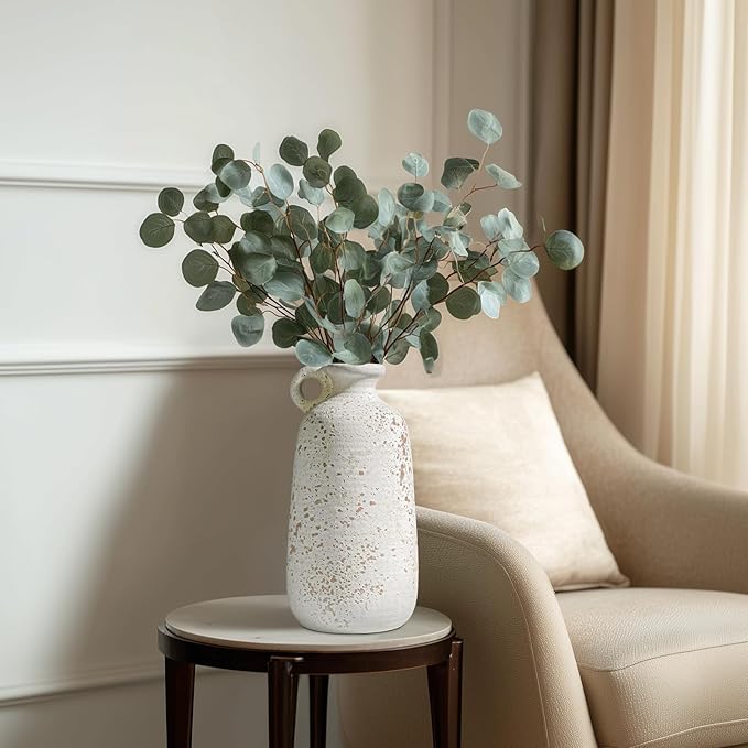 Sunddo White Ceramic Vase, Rustic Farmhouse Decorative Vase with Handle, Farmhouse Decor, Centerpieces Entryway Shelf Living Room Table Decor 10 inch