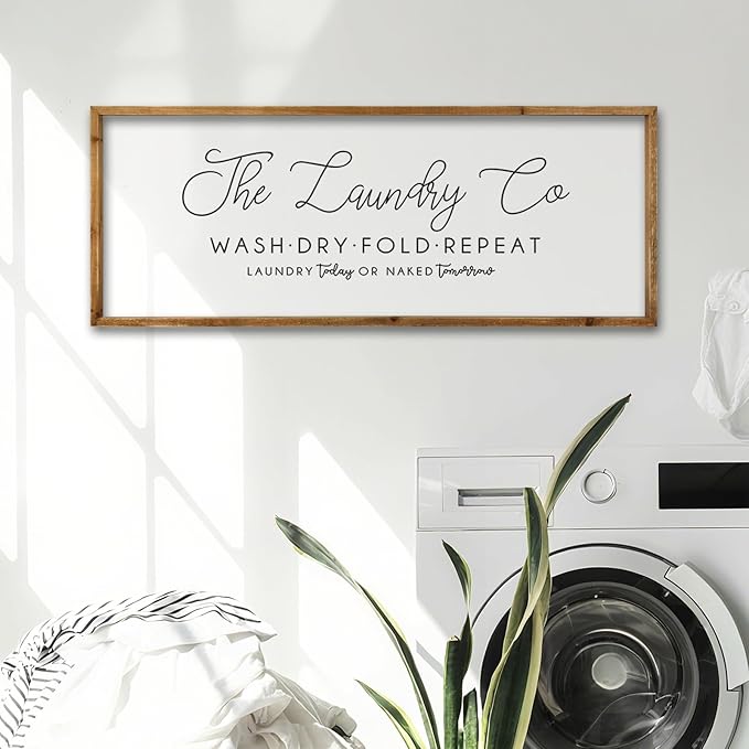 ZZJJHYWGQ Laundry Room Wall Decor 32"×12" Wash Dry Fold Repeat Funny Laundry Sign Rustic Farmhouse Decor Large Wooden Frame Humorous Quote Wall Hanging Art (Wood)