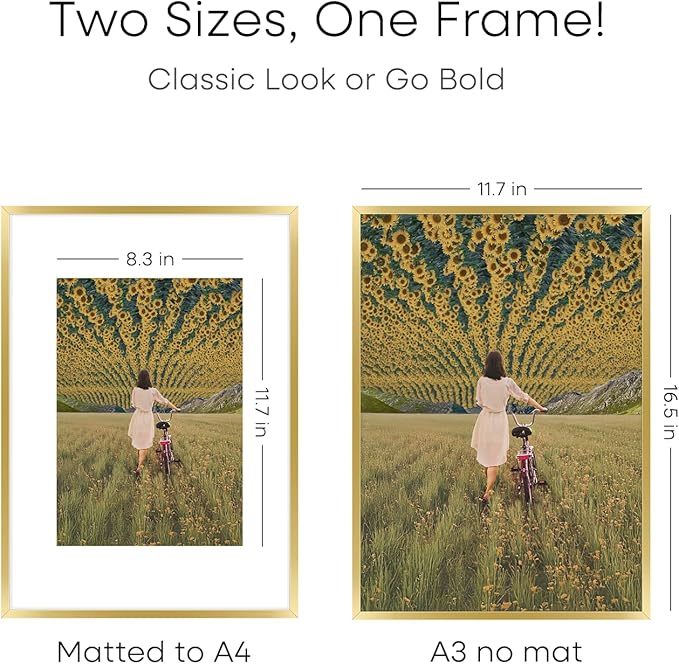 Homeforia A3 Picture Frame Gold, High End Metal 11.7 x 16.5 inch Poster Frames with Mat 8.3 by 11.7 for Photo, A3 Size Frames Matted to A4 Print, 11.7x16.5 Wall Hanging Frame, Tempered Glass, Set of 1