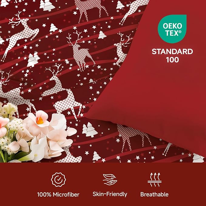 Christmas Comforter Set Queen Size,Red Christmas Bed Set with Reindeer Stars Bedding for Holiday, 3 Pieces 1 Reversible Comforter and 2 Pillowcases