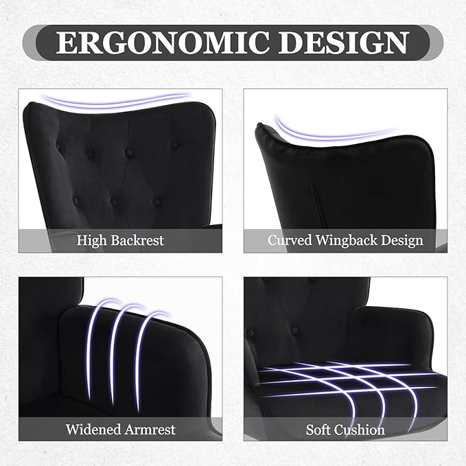 Furnimart Accent Chairs Set of 2, Black Velvet Reading Armchairs with High Backrest, Wingback Corner Chairs - Mid Century Modern for Living Room, Bedroom, Waiting Room