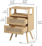 Rattan Nightstand with Charging Station,Farmhouse Bedside Table with 2 Storage Drawer and Open Wood Shelf, for Bedroom and Small Spaces,Night Stand with Solid Wood Legs (Yellow Oak-Outlet)