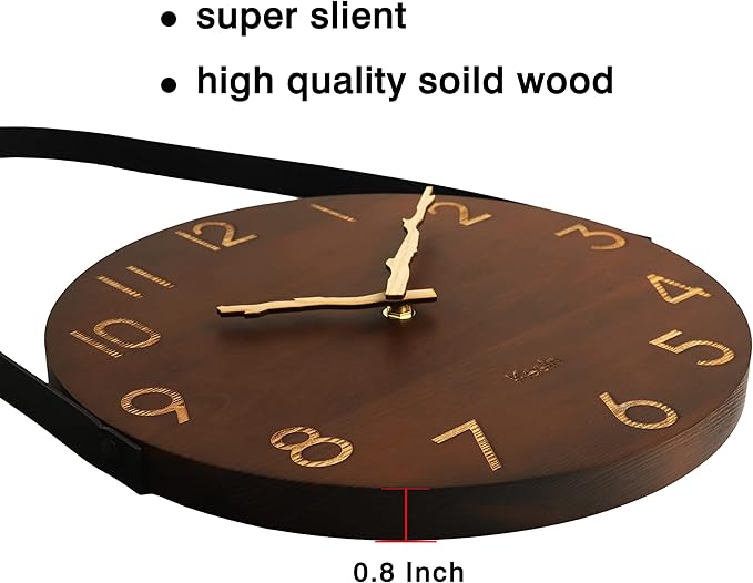 Kesin Wall Clock 10 Inch Silent Wooden Wall Clock Battery Operated Hand Made Retro Fashion Clock with Rope Hanging Decorative for Living Room,Kitchen,Bedroom,Office